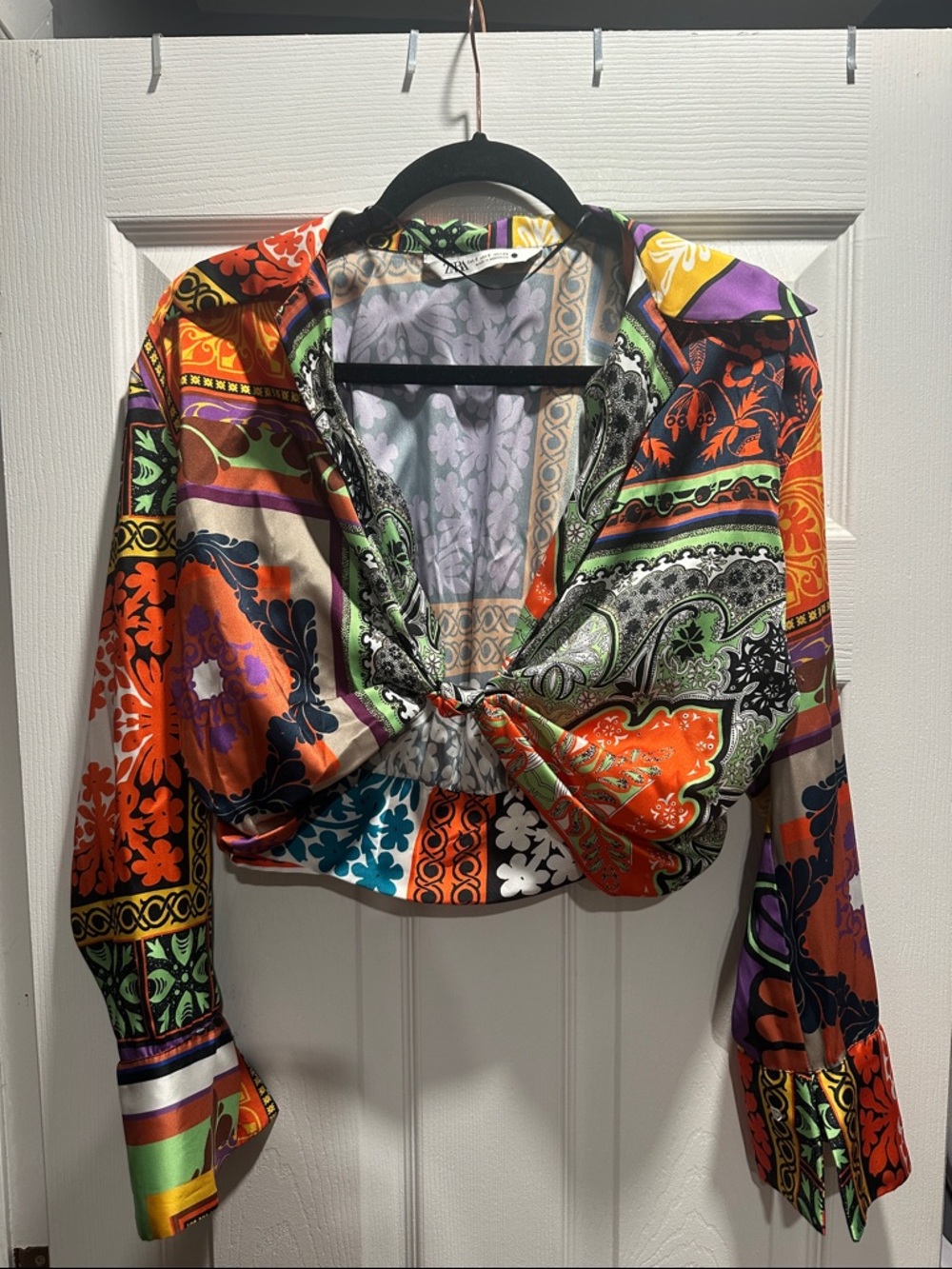 Zara Multicolor Tie-Front Button-Down Shirt — Orange, Green, Purple, Black